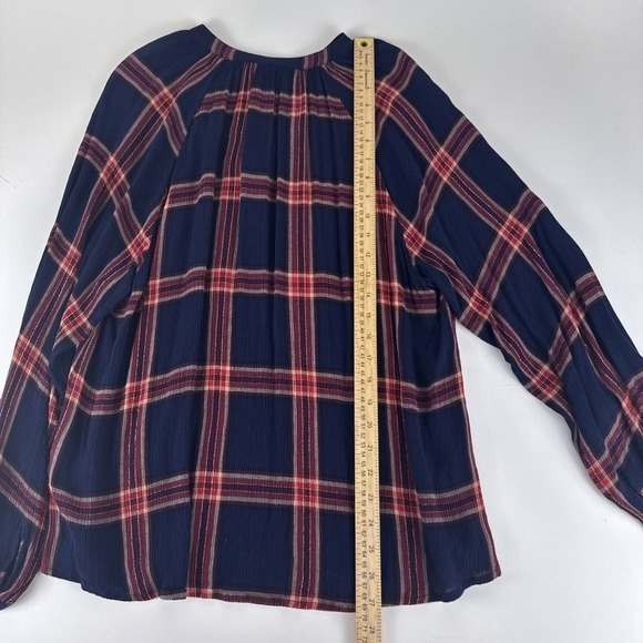 Lucky Brand Plaid Blouse Women 1X Navy Blue Boho Tassel Tie Rayon Top - Picture 7 of 12